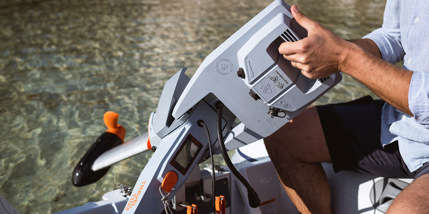 Torqeedo.travel electric outboard with replaceable battery